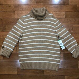 NWT Jones New York 3/4 Sleeve Striped Beige Turtleneck Sweater Size L